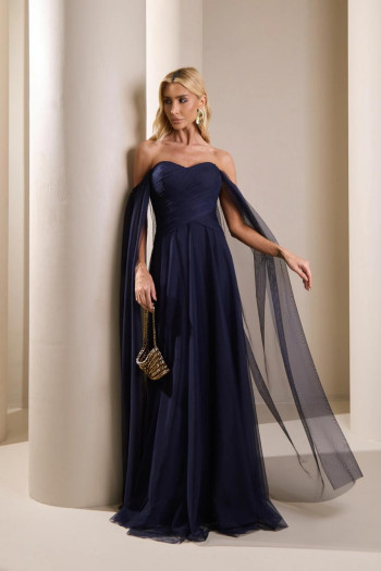 VESTIDO LONGO MILENE MICROTULE BUSTO DRAPEADO - AZUL MARINHO