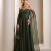 VESTIDO LONGO MILENE MICROTULE BUSTO DRAPEADO - VERDE OLIVA
