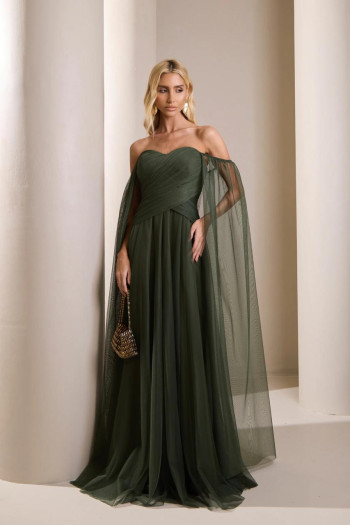 VESTIDO LONGO MILENE MICROTULE BUSTO DRAPEADO - VERDE OLIVA