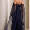 VESTIDO LONGO MILENE MICROTULE BUSTO DRAPEADO - AZUL MARINHO