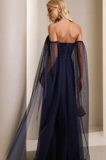 VESTIDO LONGO MILENE MICROTULE BUSTO DRAPEADO - AZUL MARINHO