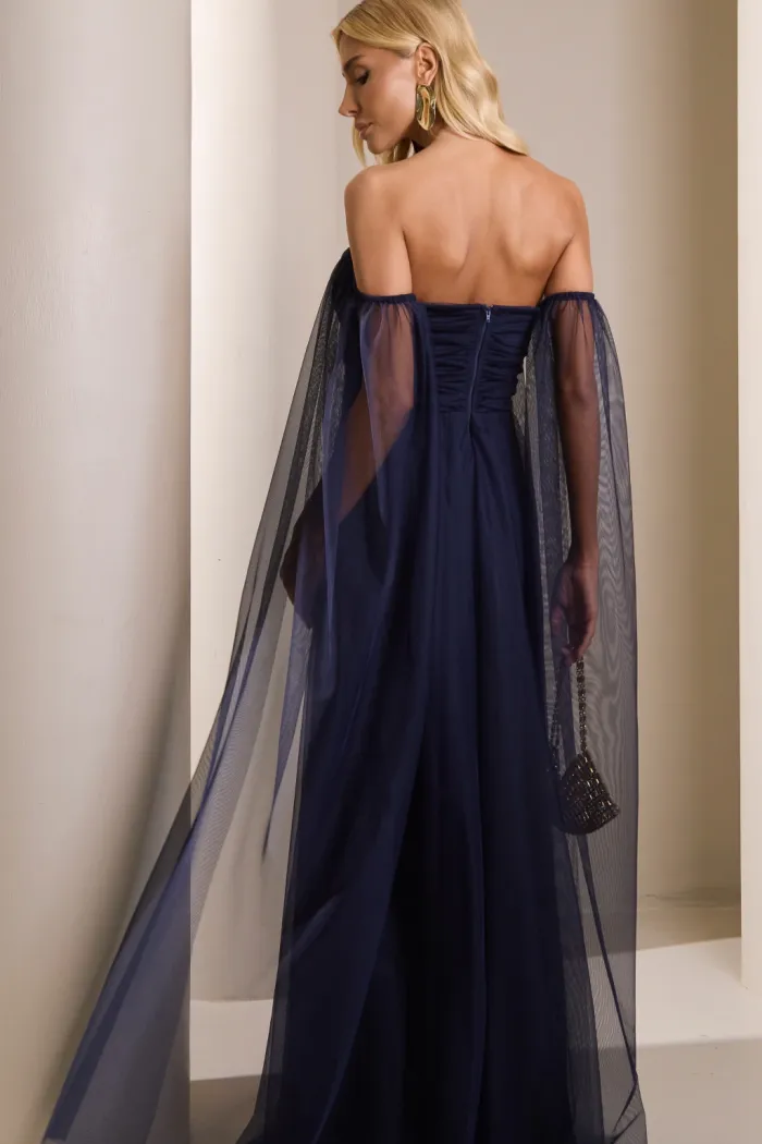 VESTIDO LONGO MILENE MICROTULE BUSTO DRAPEADO - AZUL MARINHO