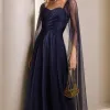VESTIDO LONGO MILENE MICROTULE BUSTO DRAPEADO - AZUL MARINHO