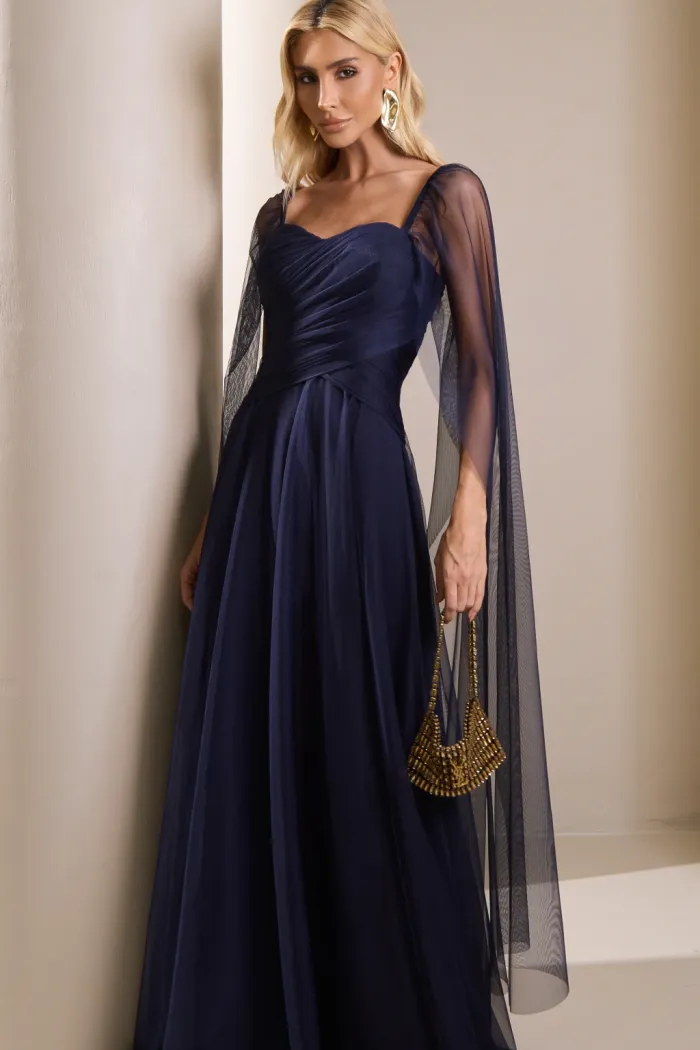VESTIDO LONGO MILENE MICROTULE BUSTO DRAPEADO - AZUL MARINHO