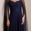 VESTIDO LONGO MILENE MICROTULE BUSTO DRAPEADO - AZUL MARINHO