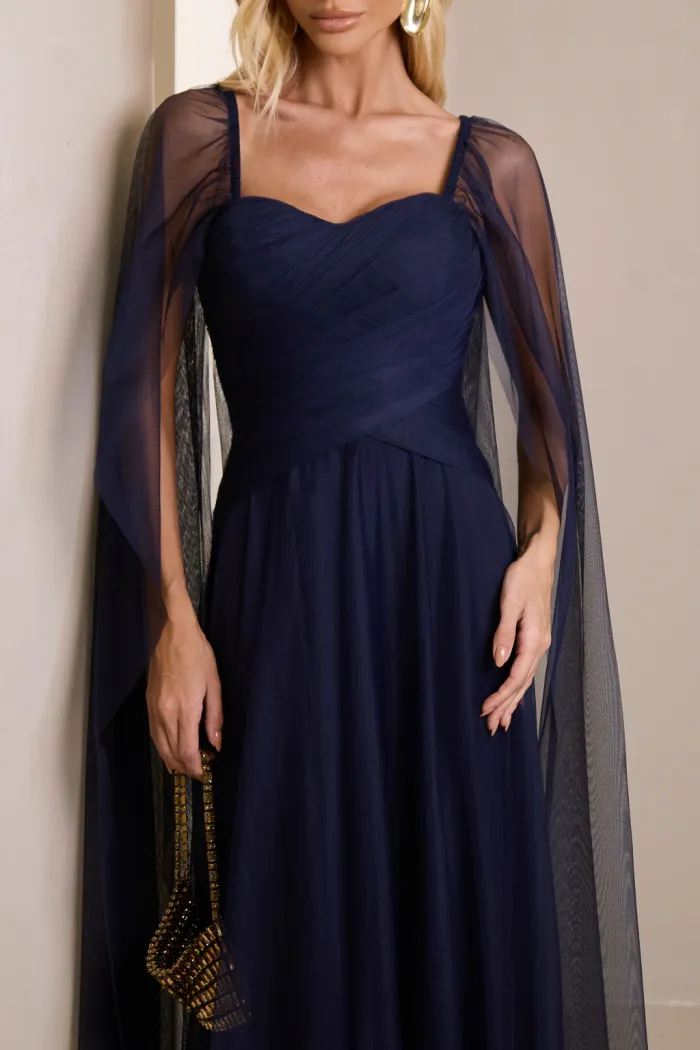 VESTIDO LONGO MILENE MICROTULE BUSTO DRAPEADO - AZUL MARINHO