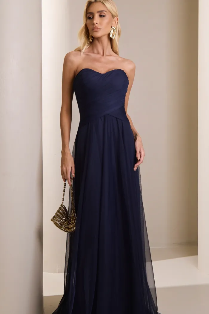 VESTIDO LONGO MILENE MICROTULE BUSTO DRAPEADO - AZUL MARINHO