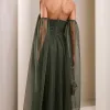 VESTIDO LONGO MILENE MICROTULE BUSTO DRAPEADO - VERDE OLIVA