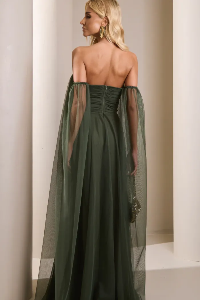 VESTIDO LONGO MILENE MICROTULE BUSTO DRAPEADO - VERDE OLIVA