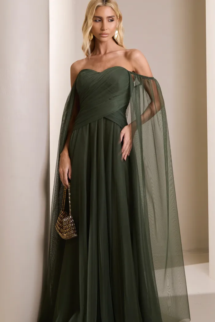 VESTIDO LONGO MILENE MICROTULE BUSTO DRAPEADO - VERDE OLIVA