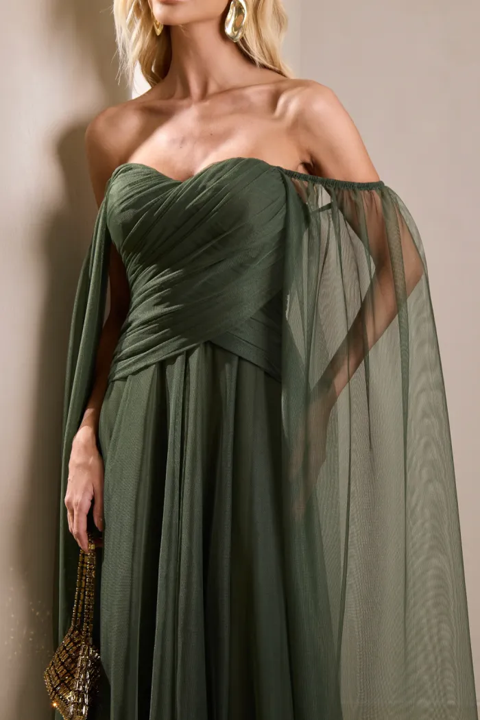 VESTIDO LONGO MILENE MICROTULE BUSTO DRAPEADO - VERDE OLIVA