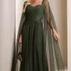 VESTIDO LONGO MILENE MICROTULE BUSTO DRAPEADO - VERDE OLIVA