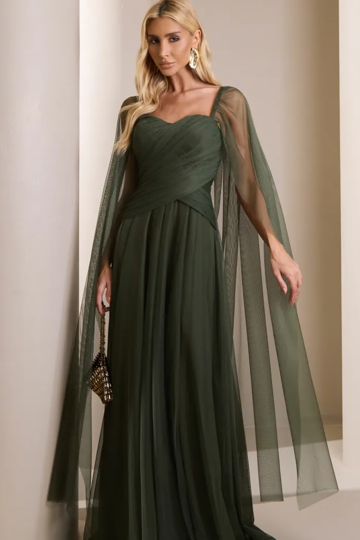 VESTIDO LONGO MILENE MICROTULE BUSTO DRAPEADO - VERDE OLIVA