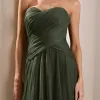 VESTIDO LONGO MILENE MICROTULE BUSTO DRAPEADO - VERDE OLIVA