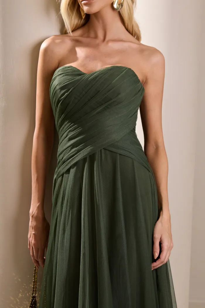 VESTIDO LONGO MILENE MICROTULE BUSTO DRAPEADO - VERDE OLIVA