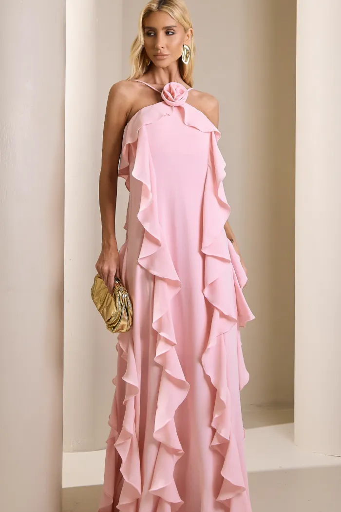 VESTIDO LONGO MONICK FRENTE ÚNICA BABADOS - ROSA