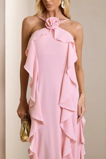 VESTIDO LONGO MONICK FRENTE ÚNICA BABADOS - ROSA