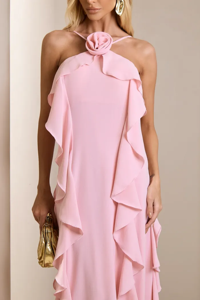 VESTIDO LONGO MONICK FRENTE ÚNICA BABADOS - ROSA