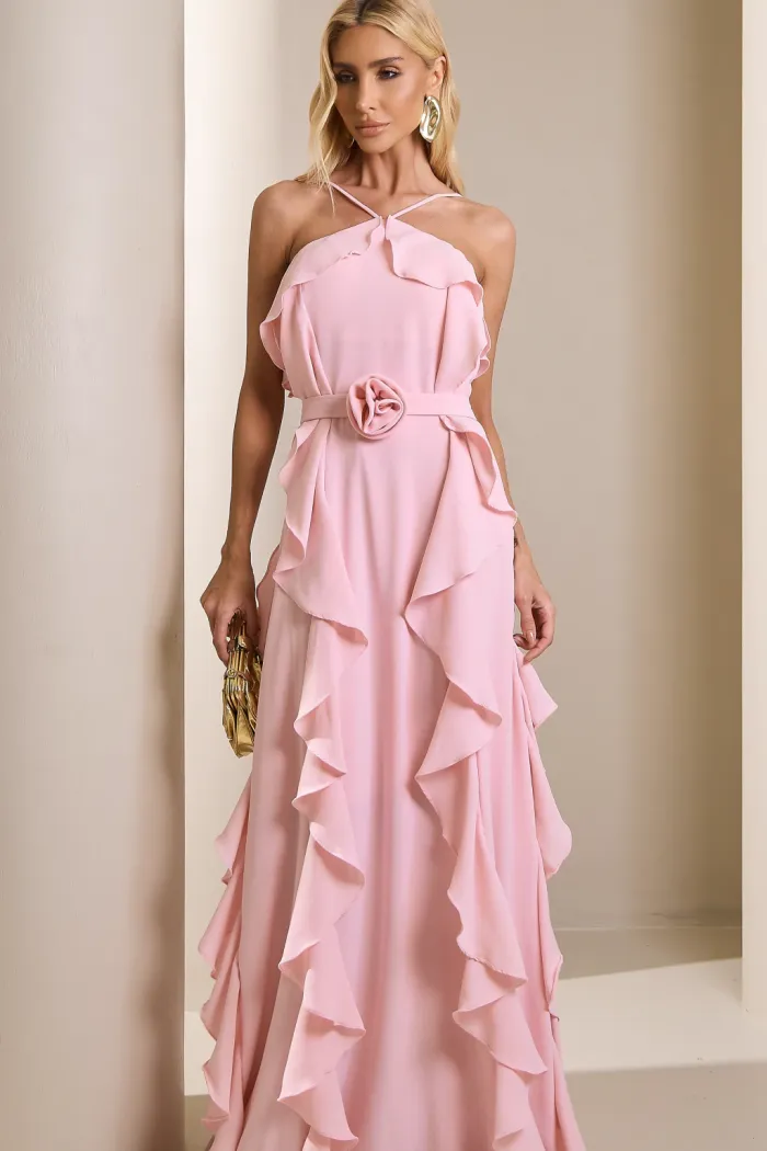 VESTIDO LONGO MONICK FRENTE ÚNICA BABADOS - ROSA