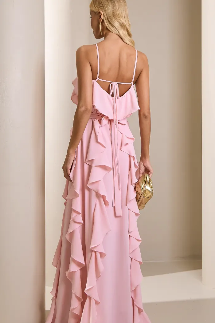 VESTIDO LONGO MONICK FRENTE ÚNICA BABADOS - ROSA