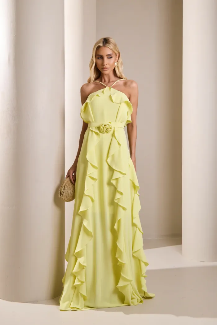 VESTIDO LONGO MONICK FRENTE ÚNICA BABADOS - AMARELO