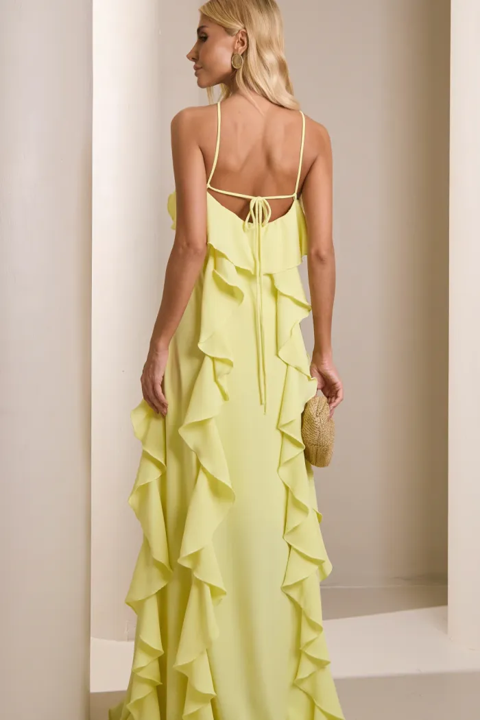 VESTIDO LONGO MONICK FRENTE ÚNICA BABADOS - AMARELO