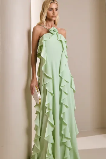 VESTIDO LONGO MONICK FRENTE ÚNICA BABADOS - VERDE MENTA