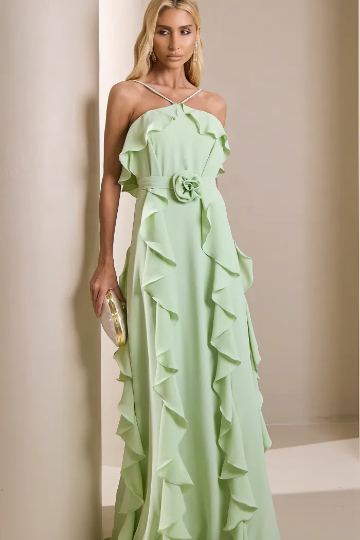 VESTIDO LONGO MONICK FRENTE ÚNICA BABADOS - VERDE MENTA