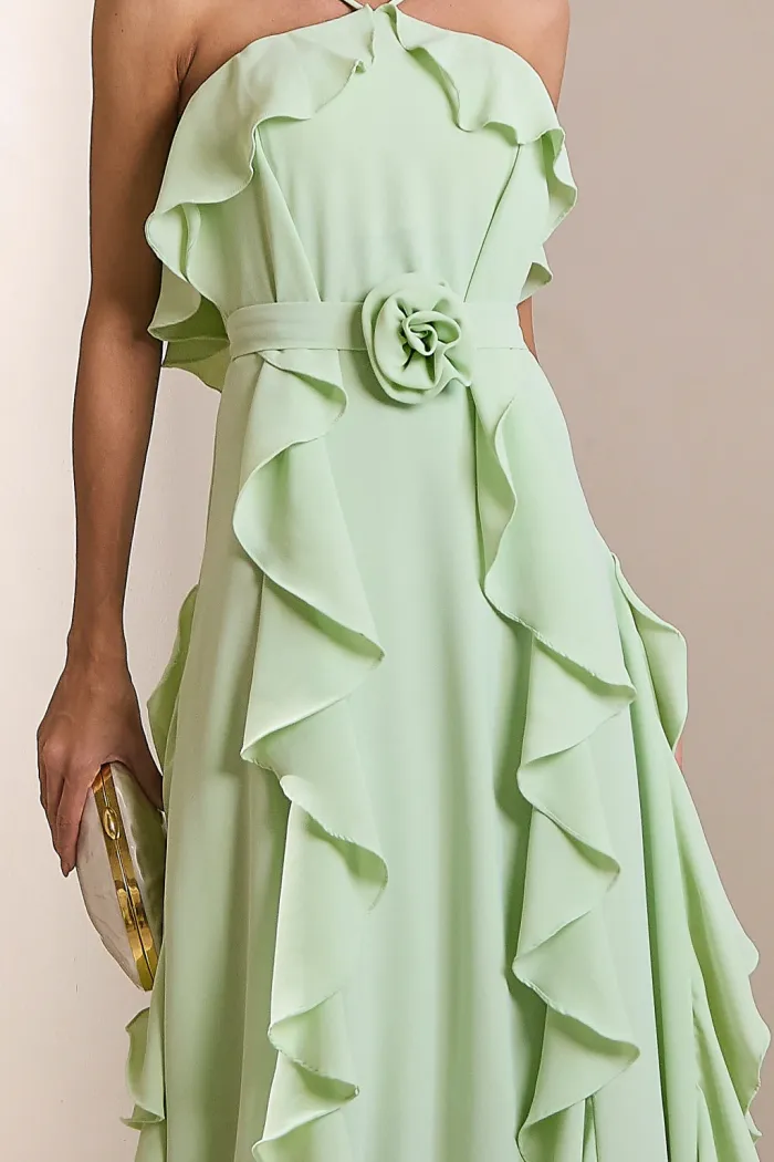 VESTIDO LONGO MONICK FRENTE ÚNICA BABADOS - VERDE MENTA