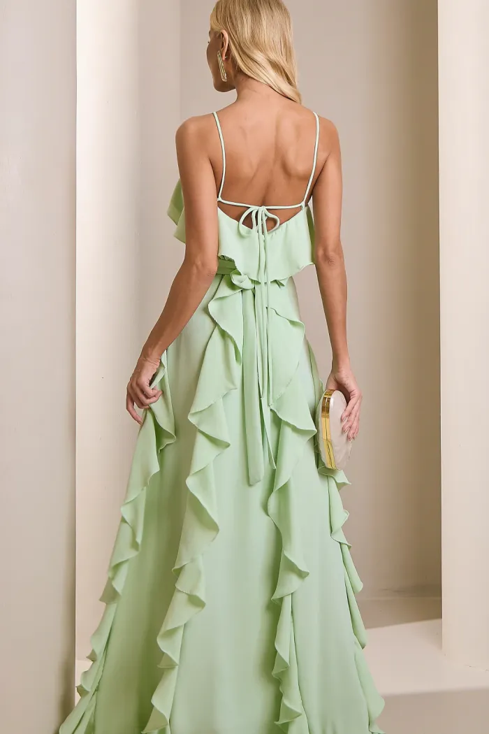 VESTIDO LONGO MONICK FRENTE ÚNICA BABADOS - VERDE MENTA