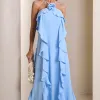 VESTIDO LONGO MONICK FRENTE ÚNICA BABADOS - AZUL SERENITY