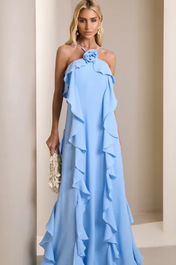 VESTIDO LONGO MONICK FRENTE ÚNICA BABADOS - AZUL SERENITY
