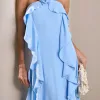 VESTIDO LONGO MONICK FRENTE ÚNICA BABADOS - AZUL SERENITY