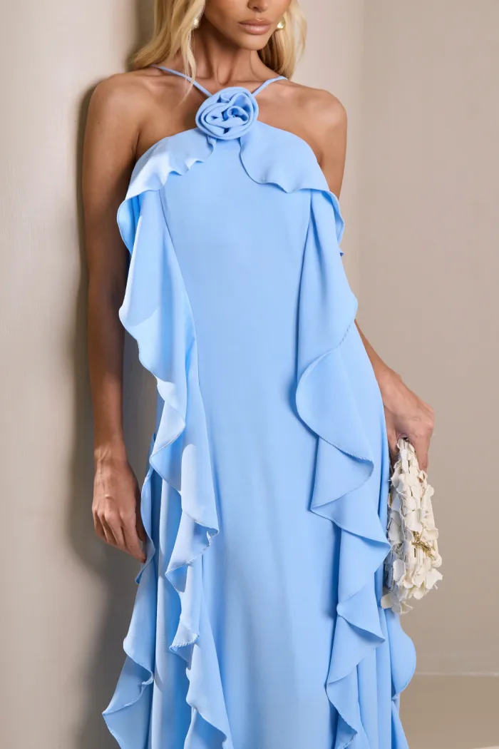VESTIDO LONGO MONICK FRENTE ÚNICA BABADOS - AZUL SERENITY