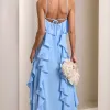 VESTIDO LONGO MONICK FRENTE ÚNICA BABADOS - AZUL SERENITY