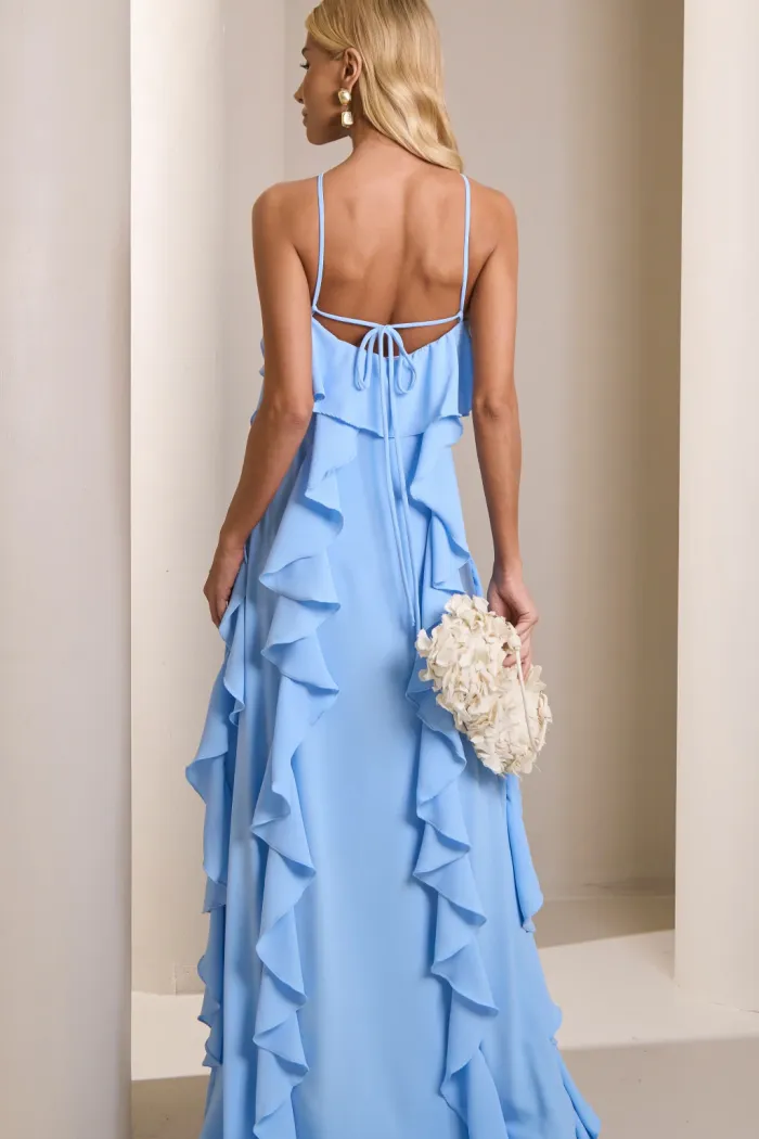 VESTIDO LONGO MONICK FRENTE ÚNICA BABADOS - AZUL SERENITY