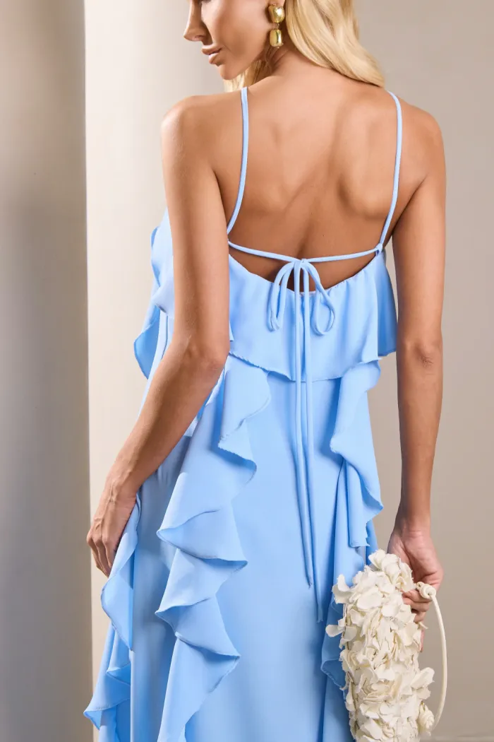 VESTIDO LONGO MONICK FRENTE ÚNICA BABADOS - AZUL SERENITY