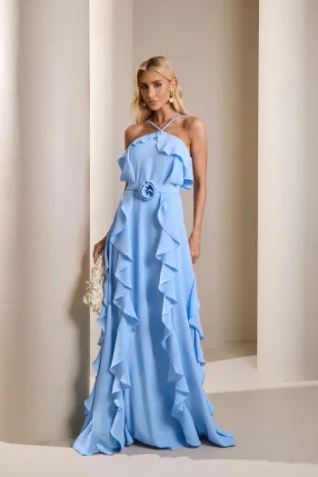 VESTIDO LONGO MONICK FRENTE ÚNICA BABADOS - AZUL SERENITY