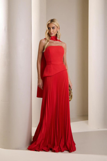 VESTIDO DE FESTA MAITÊ SAIA PLISSADA CHOKER - VERMELHO