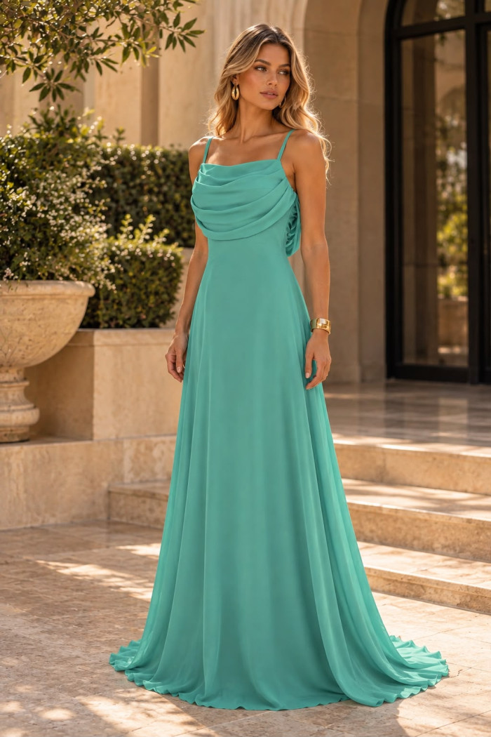 VESTIDO MARISOL LONGO DECOTE DEGAGÊ ALÇAS - VERDE TURQUESA