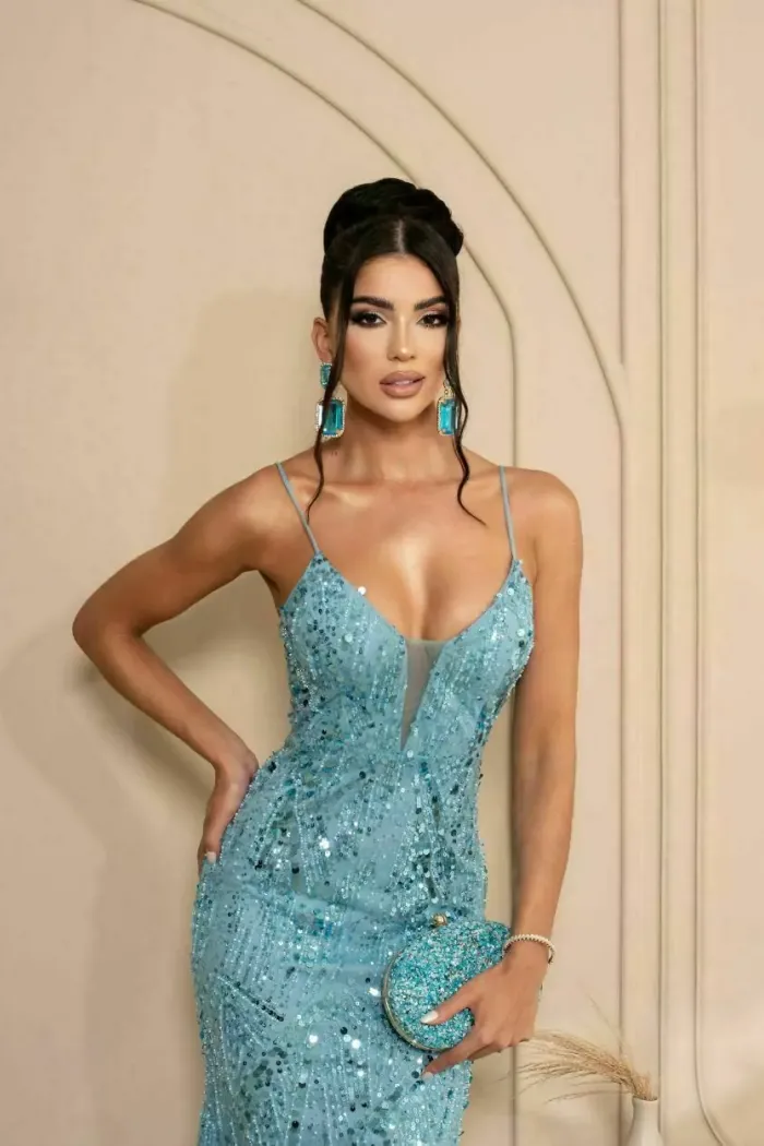 VESTIDO DE FESTA SORAYA PAETÊ SEREIA - AZUL SERENITY