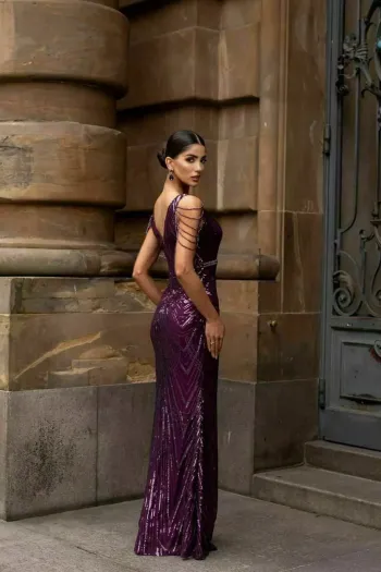VESTIDO DE FESTA AYLA PAETÊ FRANJA OMBRO - ROXO