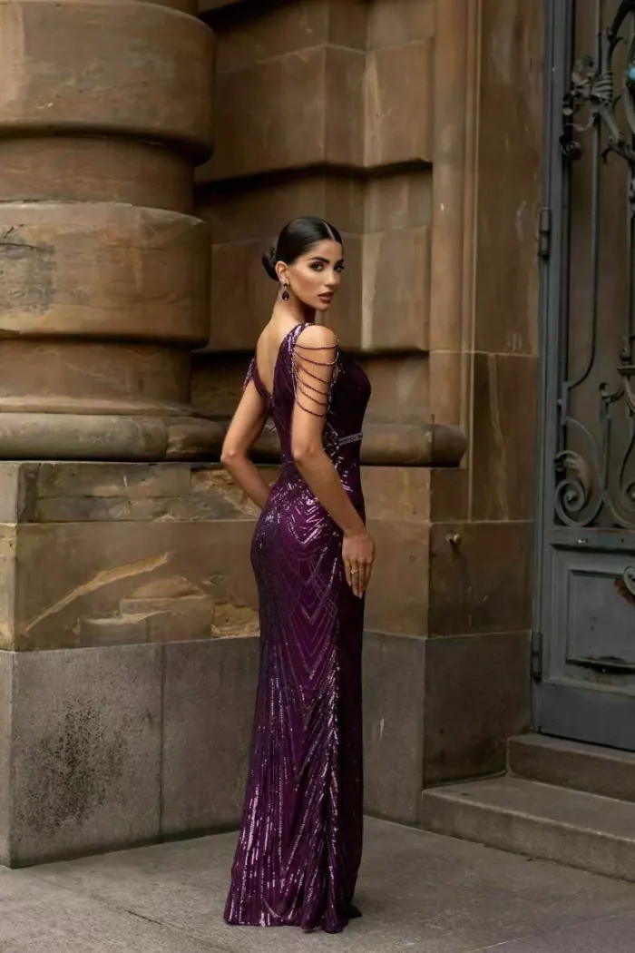VESTIDO DE FESTA AYLA PAETÊ FRANJA OMBRO - ROXO