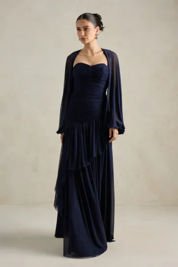 VESTIDO DE FESTA MANCHESTER T.Q.C COM MANGA AVULSA - AZUL MARINHO