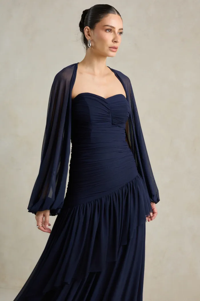VESTIDO DE FESTA MANCHESTER T.Q.C COM MANGA AVULSA - AZUL MARINHO
