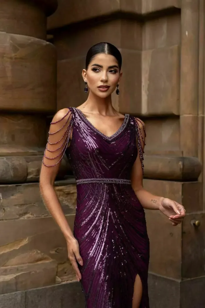 VESTIDO DE FESTA AYLA PAETÊ FRANJA OMBRO - ROXO