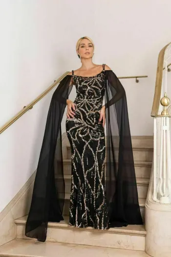 VESTIDO DE FESTA LANA PAETÊ COM CAPA - PRETO