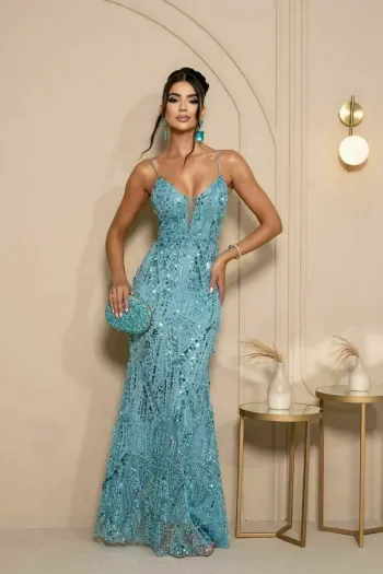 VESTIDO DE FESTA SORAYA PAETÊ SEREIA - AZUL SERENITY