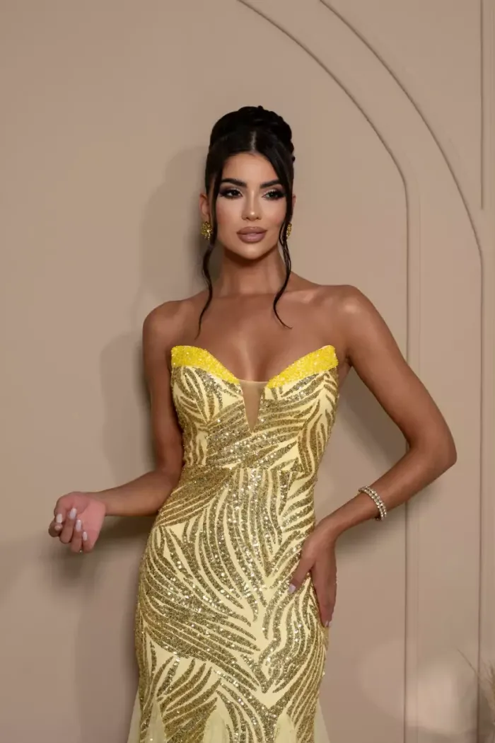 VESTIDO DE FESTA LETICIA T.Q.C PAETÊ - AMARELO