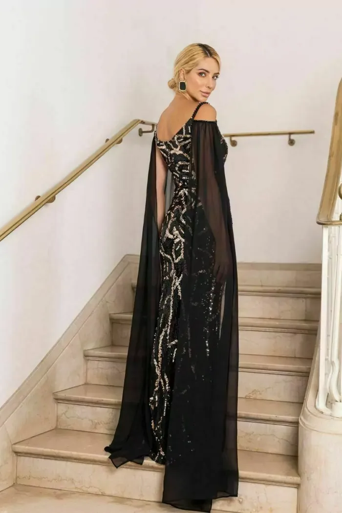 VESTIDO DE FESTA LANA PAETÊ COM CAPA - PRETO